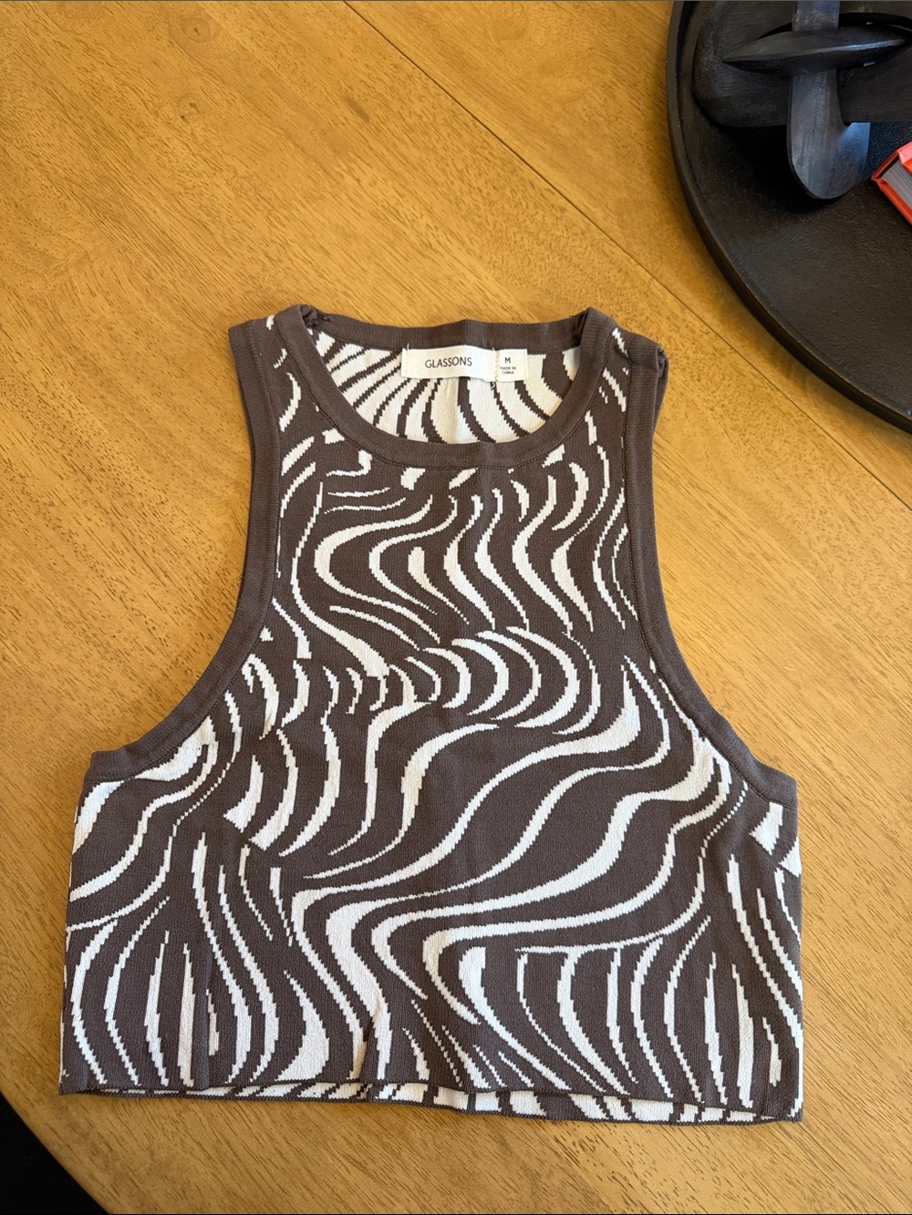Glassons Brown & White Wavy Knit Crop Tank